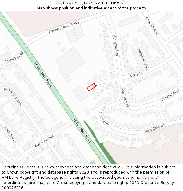 22, LOWGATE, DONCASTER, DN5 9ET: Location map and indicative extent of plot