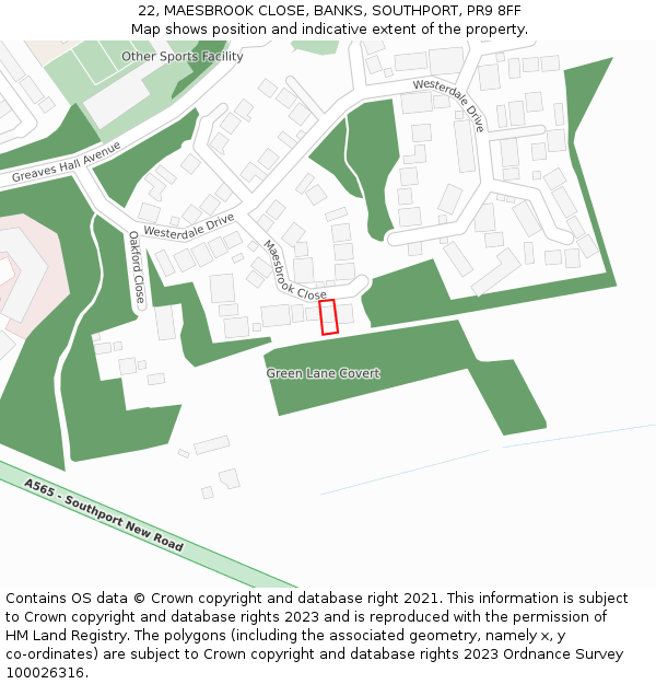 22, MAESBROOK CLOSE, BANKS, SOUTHPORT, PR9 8FF: Location map and indicative extent of plot