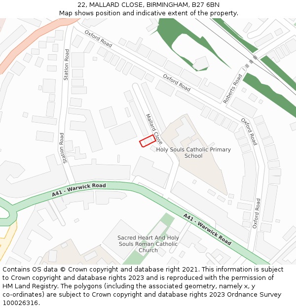22, MALLARD CLOSE, BIRMINGHAM, B27 6BN: Location map and indicative extent of plot