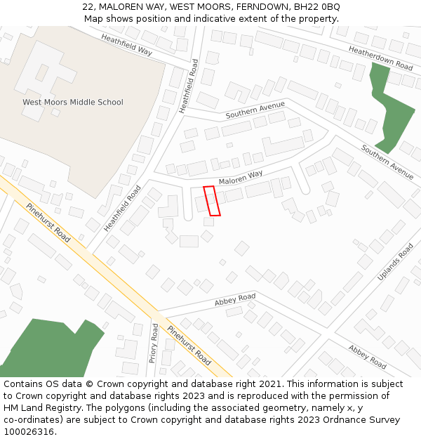 22, MALOREN WAY, WEST MOORS, FERNDOWN, BH22 0BQ: Location map and indicative extent of plot