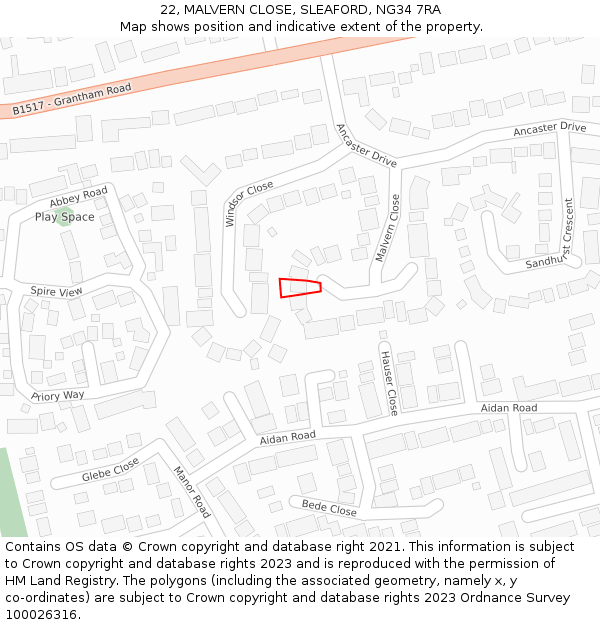 22, MALVERN CLOSE, SLEAFORD, NG34 7RA: Location map and indicative extent of plot