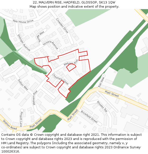 22, MALVERN RISE, HADFIELD, GLOSSOP, SK13 1QW: Location map and indicative extent of plot