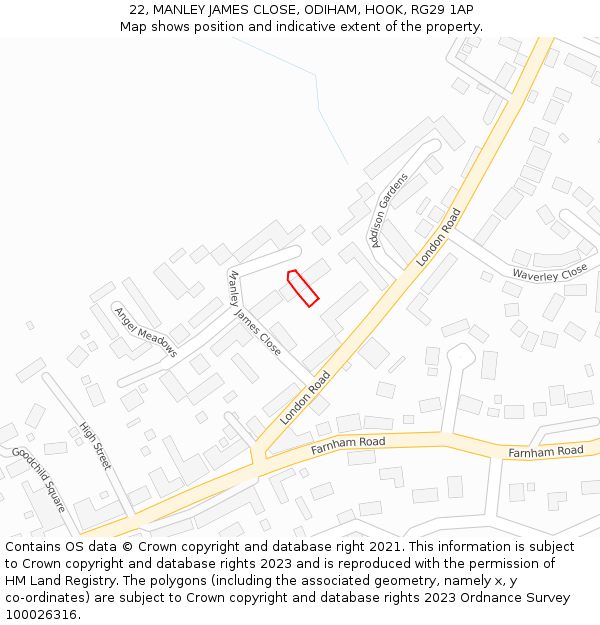 22, MANLEY JAMES CLOSE, ODIHAM, HOOK, RG29 1AP: Location map and indicative extent of plot