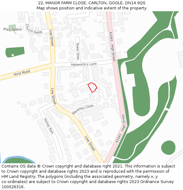 22, MANOR FARM CLOSE, CARLTON, GOOLE, DN14 9QS: Location map and indicative extent of plot