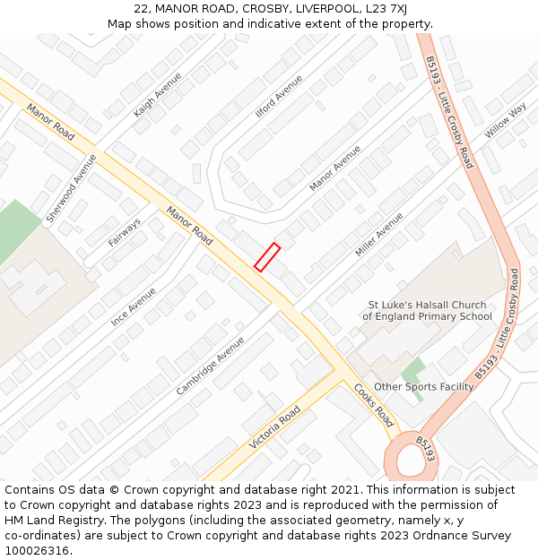 22, MANOR ROAD, CROSBY, LIVERPOOL, L23 7XJ: Location map and indicative extent of plot