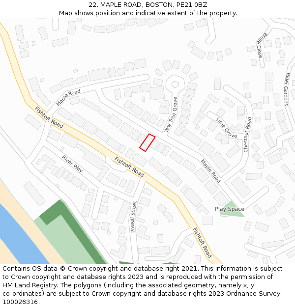 22, MAPLE ROAD, BOSTON, PE21 0BZ: Location map and indicative extent of plot