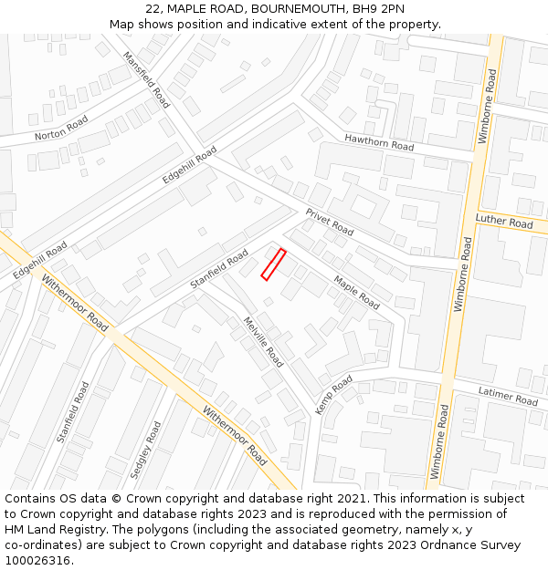 22, MAPLE ROAD, BOURNEMOUTH, BH9 2PN: Location map and indicative extent of plot