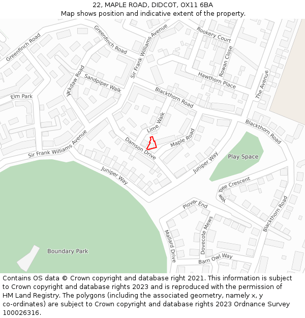 22, MAPLE ROAD, DIDCOT, OX11 6BA: Location map and indicative extent of plot