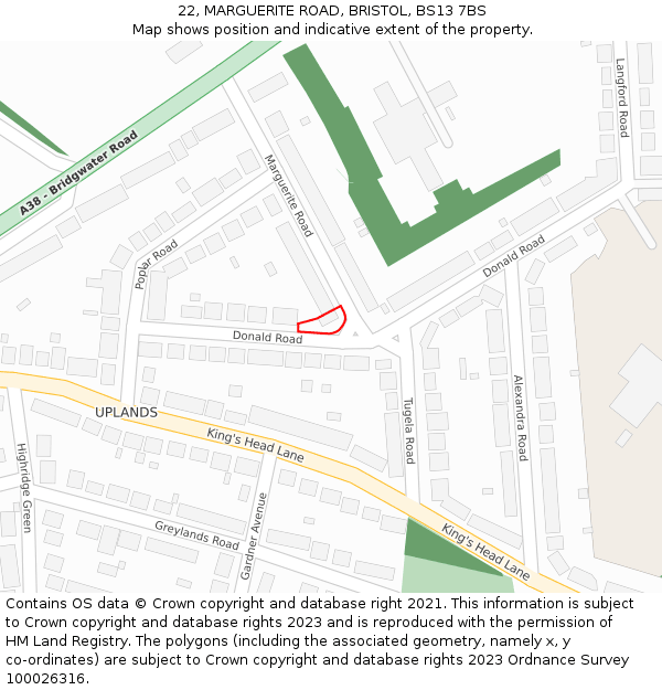 22, MARGUERITE ROAD, BRISTOL, BS13 7BS: Location map and indicative extent of plot