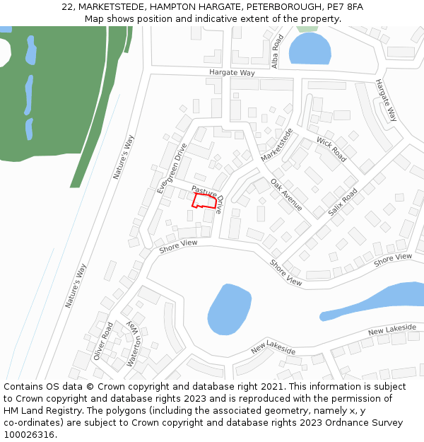 22, MARKETSTEDE, HAMPTON HARGATE, PETERBOROUGH, PE7 8FA: Location map and indicative extent of plot