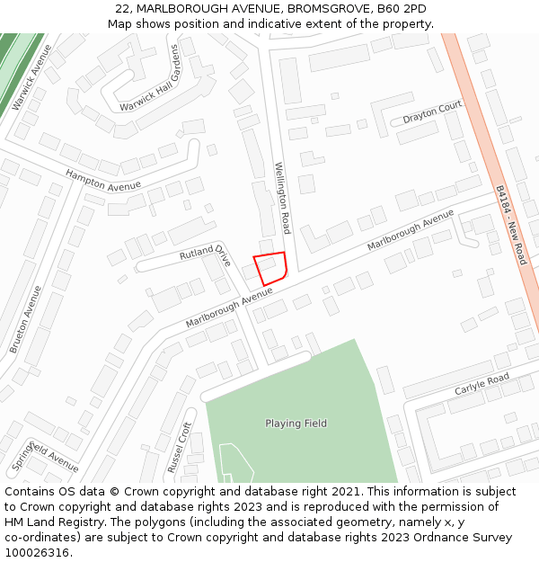 22, MARLBOROUGH AVENUE, BROMSGROVE, B60 2PD: Location map and indicative extent of plot
