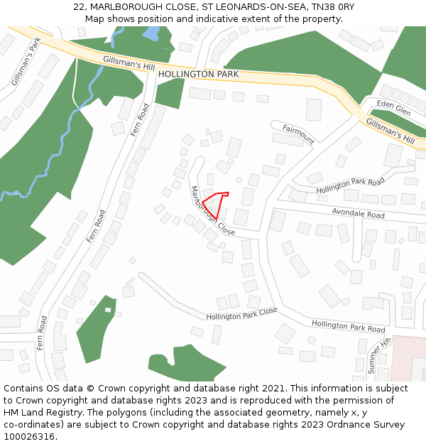 22, MARLBOROUGH CLOSE, ST LEONARDS-ON-SEA, TN38 0RY: Location map and indicative extent of plot