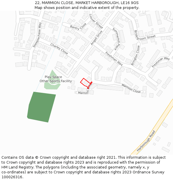 22, MARMION CLOSE, MARKET HARBOROUGH, LE16 9GS: Location map and indicative extent of plot