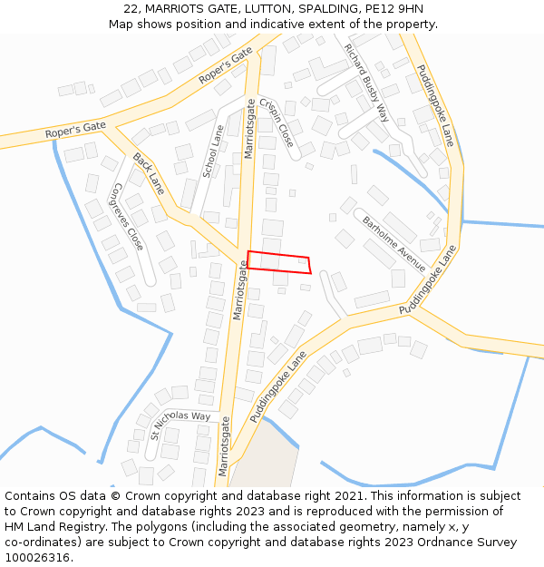 22, MARRIOTS GATE, LUTTON, SPALDING, PE12 9HN: Location map and indicative extent of plot