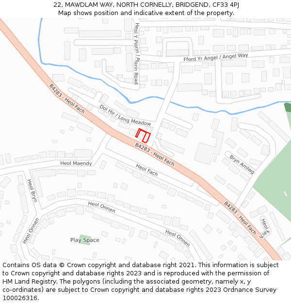 22, MAWDLAM WAY, NORTH CORNELLY, BRIDGEND, CF33 4PJ: Location map and indicative extent of plot