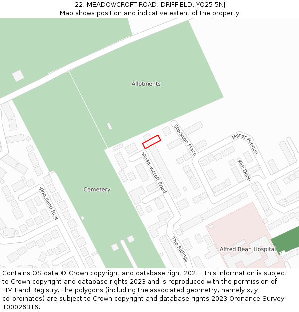 22, MEADOWCROFT ROAD, DRIFFIELD, YO25 5NJ: Location map and indicative extent of plot