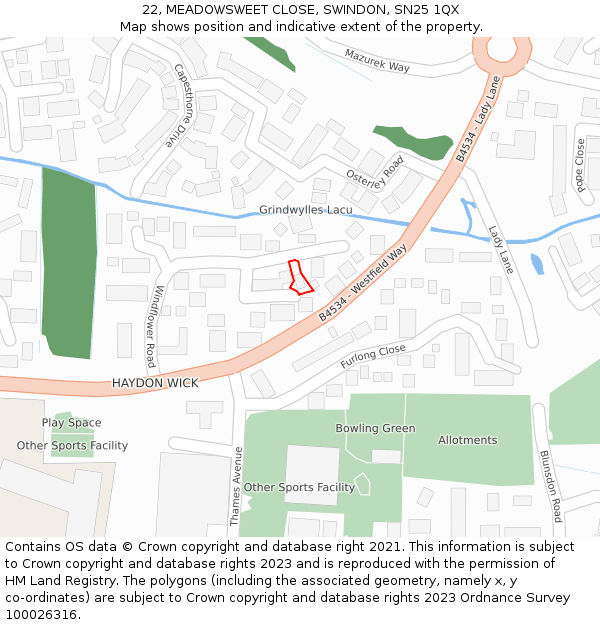 22, MEADOWSWEET CLOSE, SWINDON, SN25 1QX: Location map and indicative extent of plot