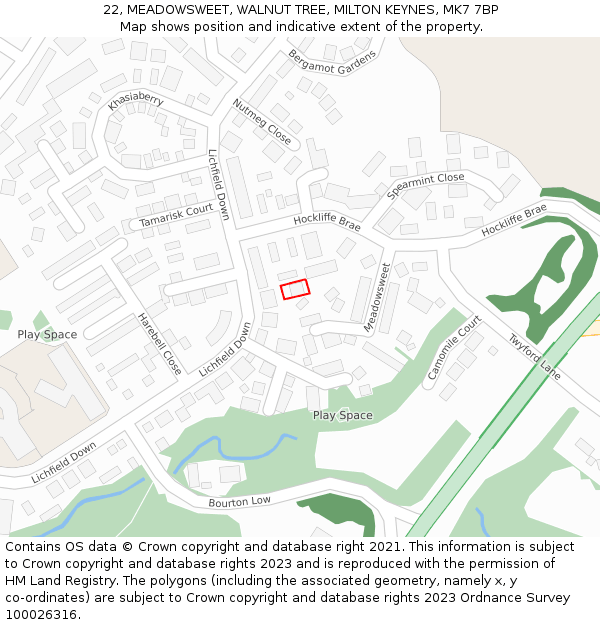 22, MEADOWSWEET, WALNUT TREE, MILTON KEYNES, MK7 7BP: Location map and indicative extent of plot