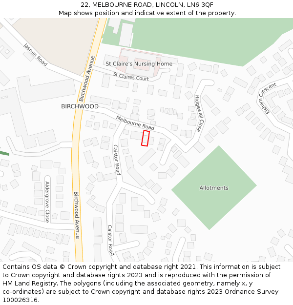 22, MELBOURNE ROAD, LINCOLN, LN6 3QF: Location map and indicative extent of plot