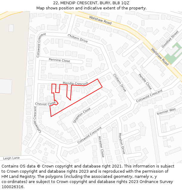 22, MENDIP CRESCENT, BURY, BL8 1QZ: Location map and indicative extent of plot