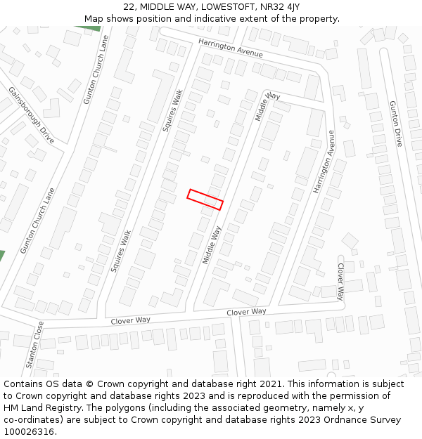 22, MIDDLE WAY, LOWESTOFT, NR32 4JY: Location map and indicative extent of plot