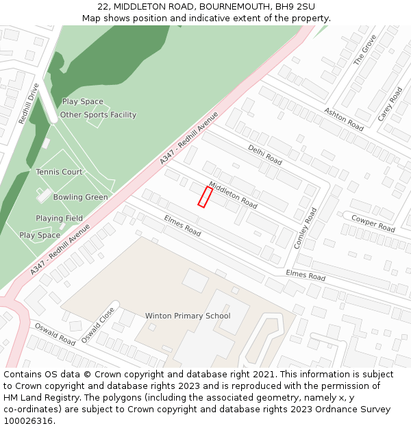 22, MIDDLETON ROAD, BOURNEMOUTH, BH9 2SU: Location map and indicative extent of plot