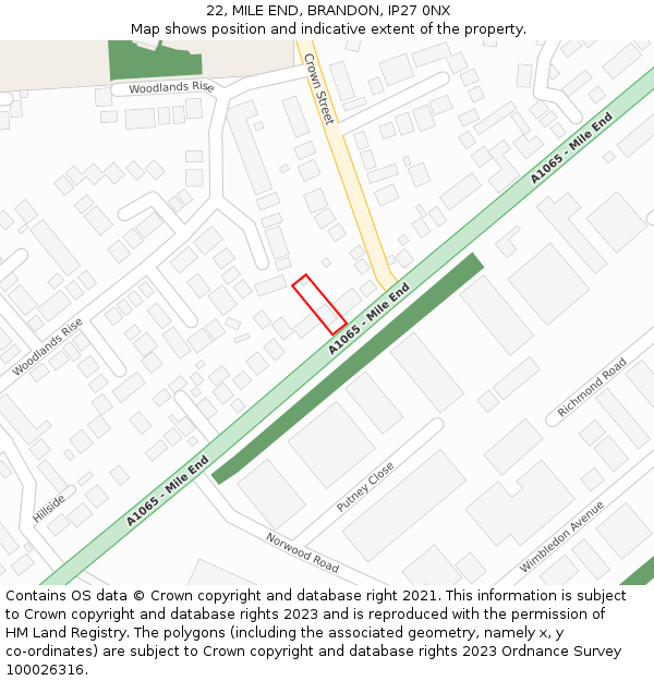 22, MILE END, BRANDON, IP27 0NX: Location map and indicative extent of plot