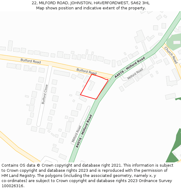 22, MILFORD ROAD, JOHNSTON, HAVERFORDWEST, SA62 3HL: Location map and indicative extent of plot