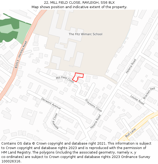 22, MILL FIELD CLOSE, RAYLEIGH, SS6 8LX: Location map and indicative extent of plot