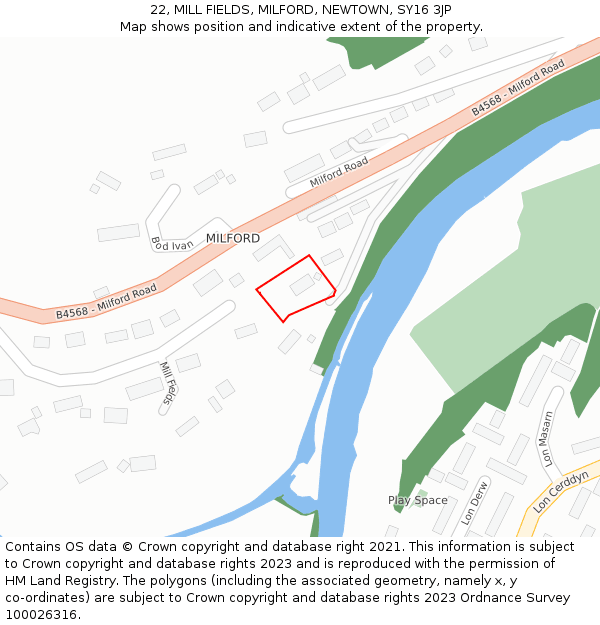 22, MILL FIELDS, MILFORD, NEWTOWN, SY16 3JP: Location map and indicative extent of plot