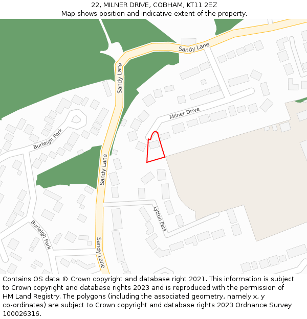 22, MILNER DRIVE, COBHAM, KT11 2EZ: Location map and indicative extent of plot