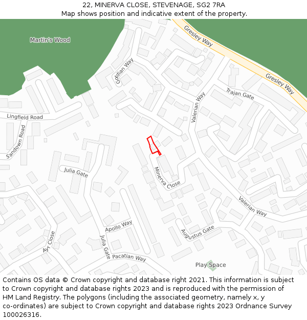 22, MINERVA CLOSE, STEVENAGE, SG2 7RA: Location map and indicative extent of plot