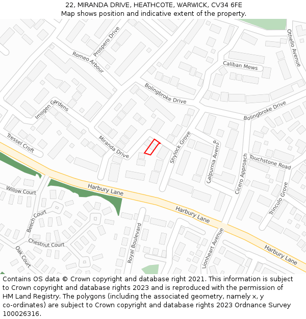 22, MIRANDA DRIVE, HEATHCOTE, WARWICK, CV34 6FE: Location map and indicative extent of plot
