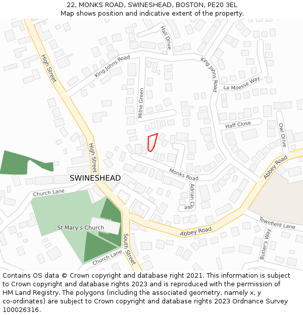 22, MONKS ROAD, SWINESHEAD, BOSTON, PE20 3EL: Location map and indicative extent of plot