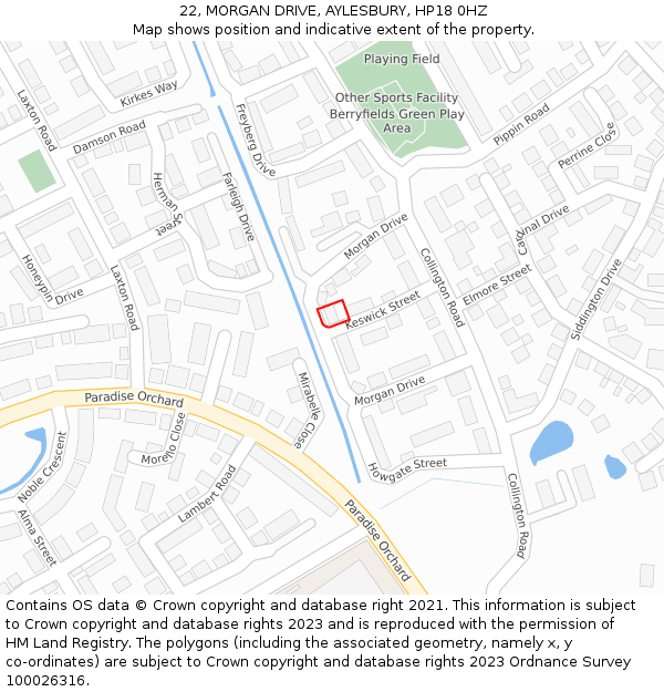 22, MORGAN DRIVE, AYLESBURY, HP18 0HZ: Location map and indicative extent of plot