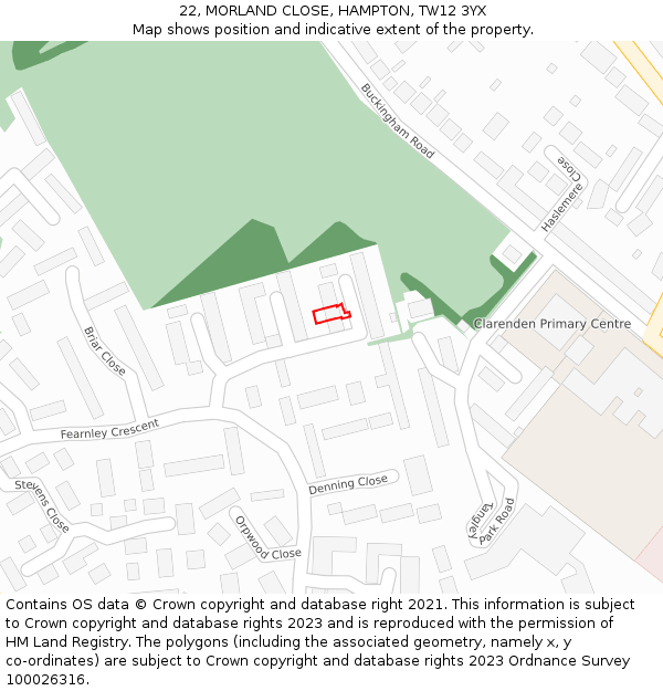 22, MORLAND CLOSE, HAMPTON, TW12 3YX: Location map and indicative extent of plot