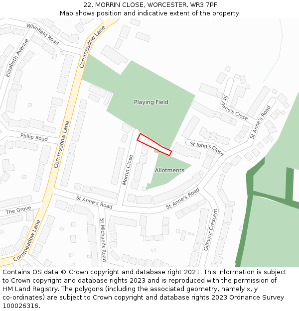 22, MORRIN CLOSE, WORCESTER, WR3 7PF: Location map and indicative extent of plot