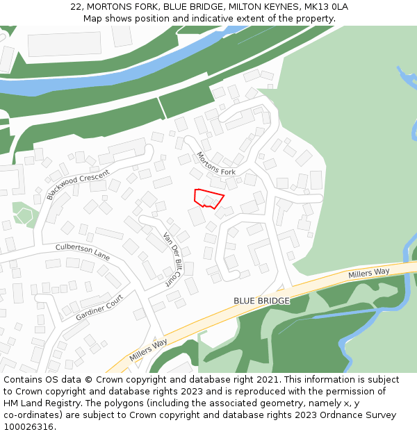 22, MORTONS FORK, BLUE BRIDGE, MILTON KEYNES, MK13 0LA: Location map and indicative extent of plot