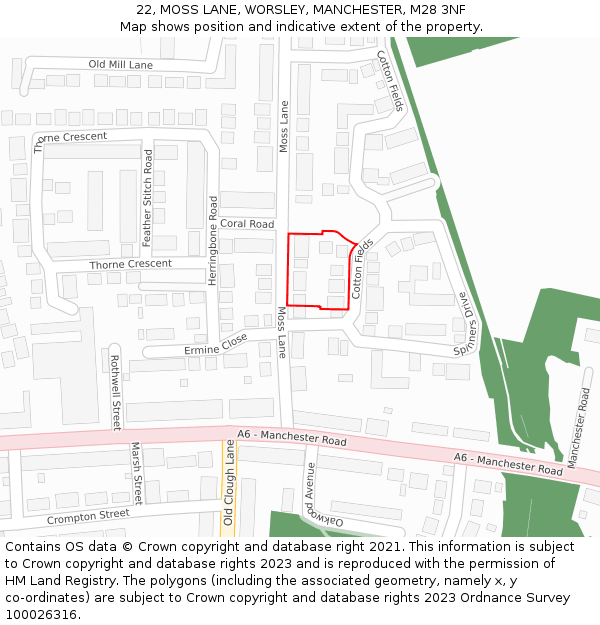 22, MOSS LANE, WORSLEY, MANCHESTER, M28 3NF: Location map and indicative extent of plot