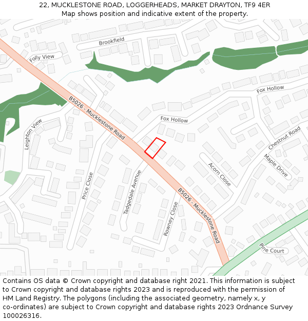 22, MUCKLESTONE ROAD, LOGGERHEADS, MARKET DRAYTON, TF9 4ER: Location map and indicative extent of plot