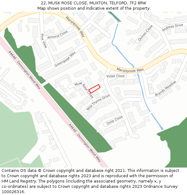 22, MUSK ROSE CLOSE, MUXTON, TELFORD, TF2 8RW: Location map and indicative extent of plot