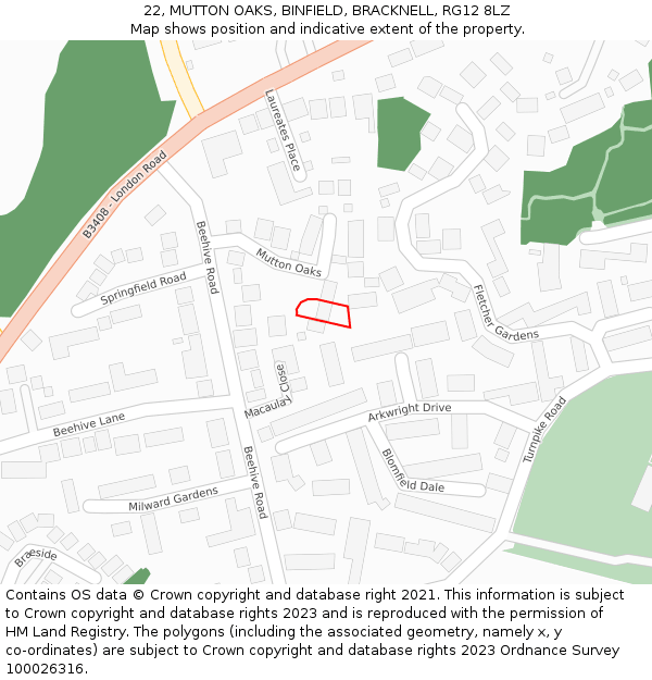 22, MUTTON OAKS, BINFIELD, BRACKNELL, RG12 8LZ: Location map and indicative extent of plot