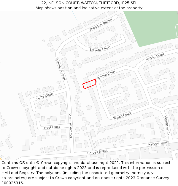22, NELSON COURT, WATTON, THETFORD, IP25 6EL: Location map and indicative extent of plot