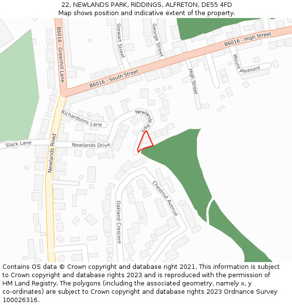 22, NEWLANDS PARK, RIDDINGS, ALFRETON, DE55 4FD: Location map and indicative extent of plot