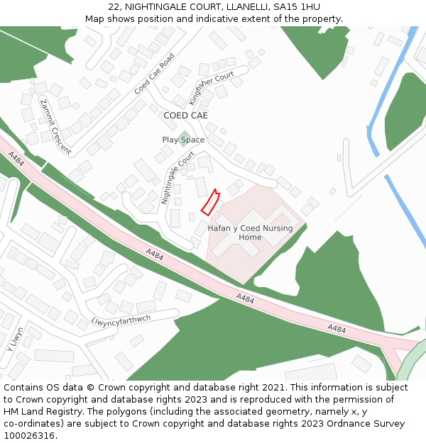 22, NIGHTINGALE COURT, LLANELLI, SA15 1HU: Location map and indicative extent of plot