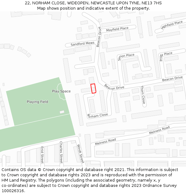 22, NORHAM CLOSE, WIDEOPEN, NEWCASTLE UPON TYNE, NE13 7HS: Location map and indicative extent of plot