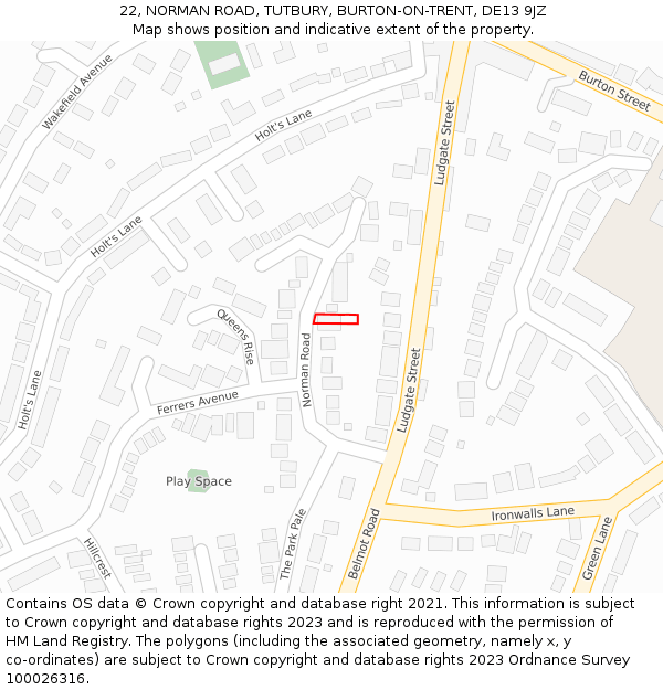 22, NORMAN ROAD, TUTBURY, BURTON-ON-TRENT, DE13 9JZ: Location map and indicative extent of plot
