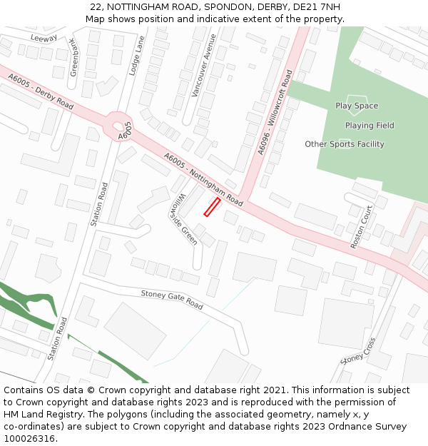 22, NOTTINGHAM ROAD, SPONDON, DERBY, DE21 7NH: Location map and indicative extent of plot