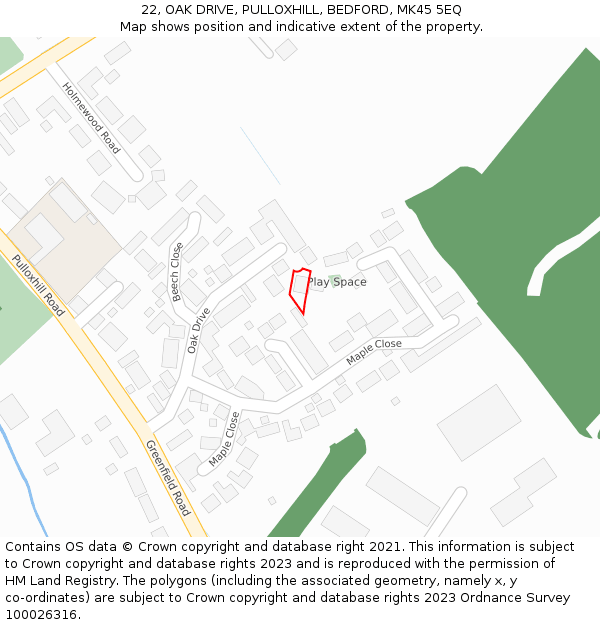 22, OAK DRIVE, PULLOXHILL, BEDFORD, MK45 5EQ: Location map and indicative extent of plot