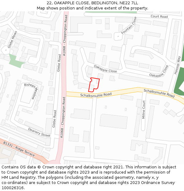 22, OAKAPPLE CLOSE, BEDLINGTON, NE22 7LL: Location map and indicative extent of plot